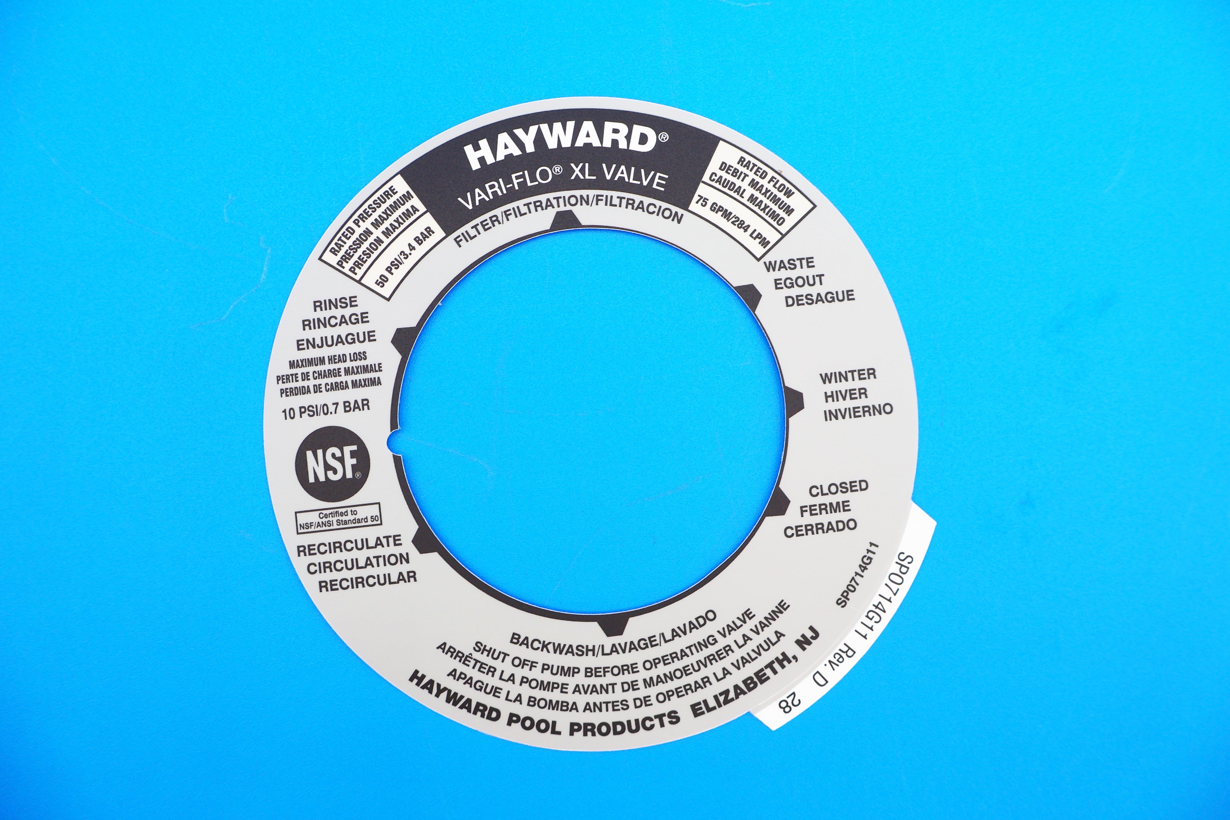 Hayward Vari-Flo Backwash Valve Label SPX0714G