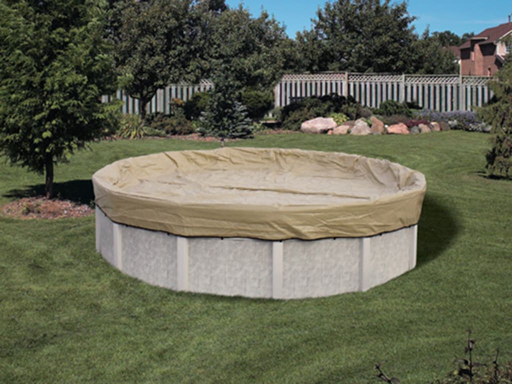 HPI Armor Kote 24' Round Above Ground Winter Pool Cover, 4' Overlap, Tan/Blue | AK24R4 - Pool Cover - img - 1