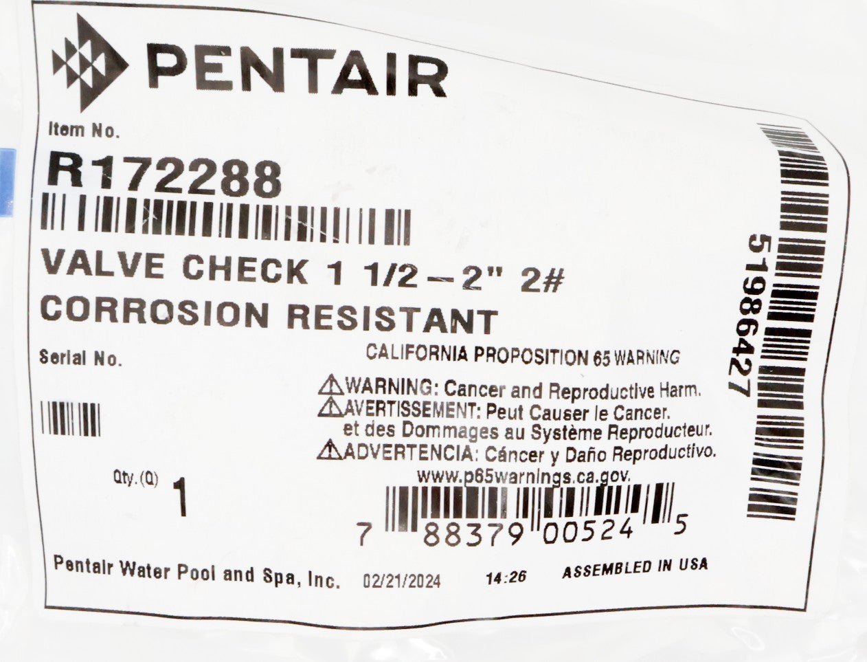 Pentair Check Valve 1.5" - 2" 2LB Corrosion Resistant R172288 - Chemical Feeders - img - 4