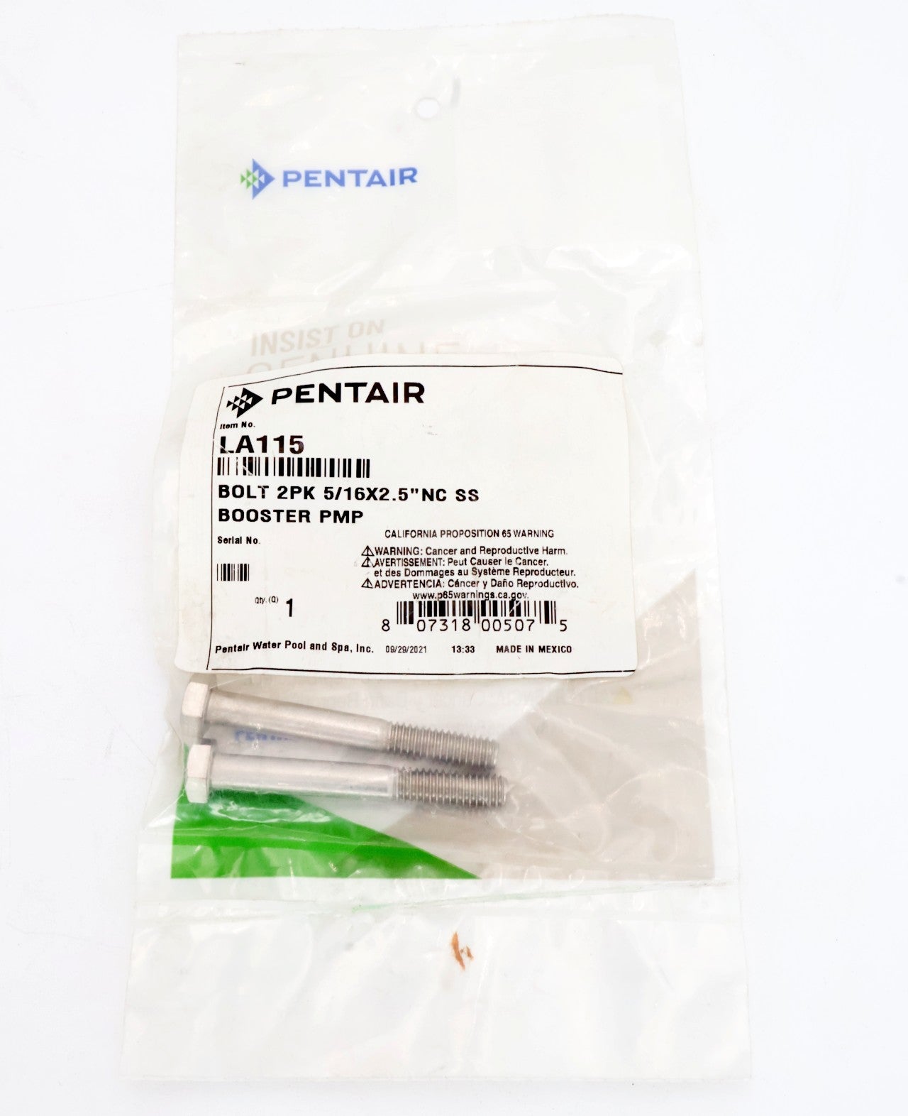 Pentair Stainless Steel Bolt 2 - Pack 5/16" X 2.5" for Booster Pump LA115 - Pool Pump Parts - img - 3