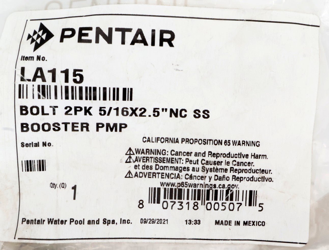 Pentair Stainless Steel Bolt 2 - Pack 5/16" X 2.5" for Booster Pump LA115 - Pool Pump Parts - img - 4