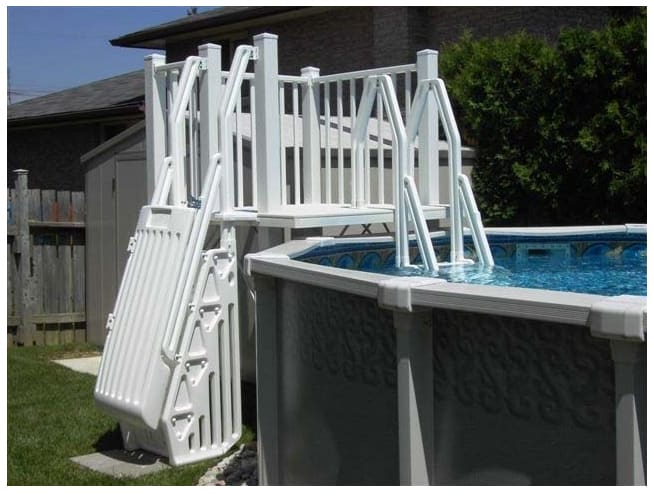 Vinyl Works 5' x 5' Resin Pool Deck Kit for A/G Pools w/ Steps | SD - T - Pool Ladder - img - 1